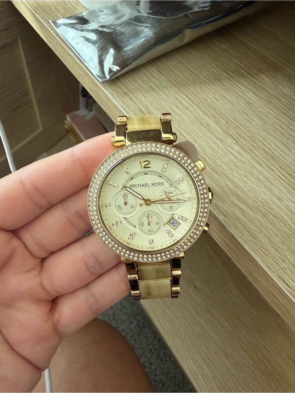 Michael Kors Gold-Tone Crystal Bezel Watch with Champagne Dial